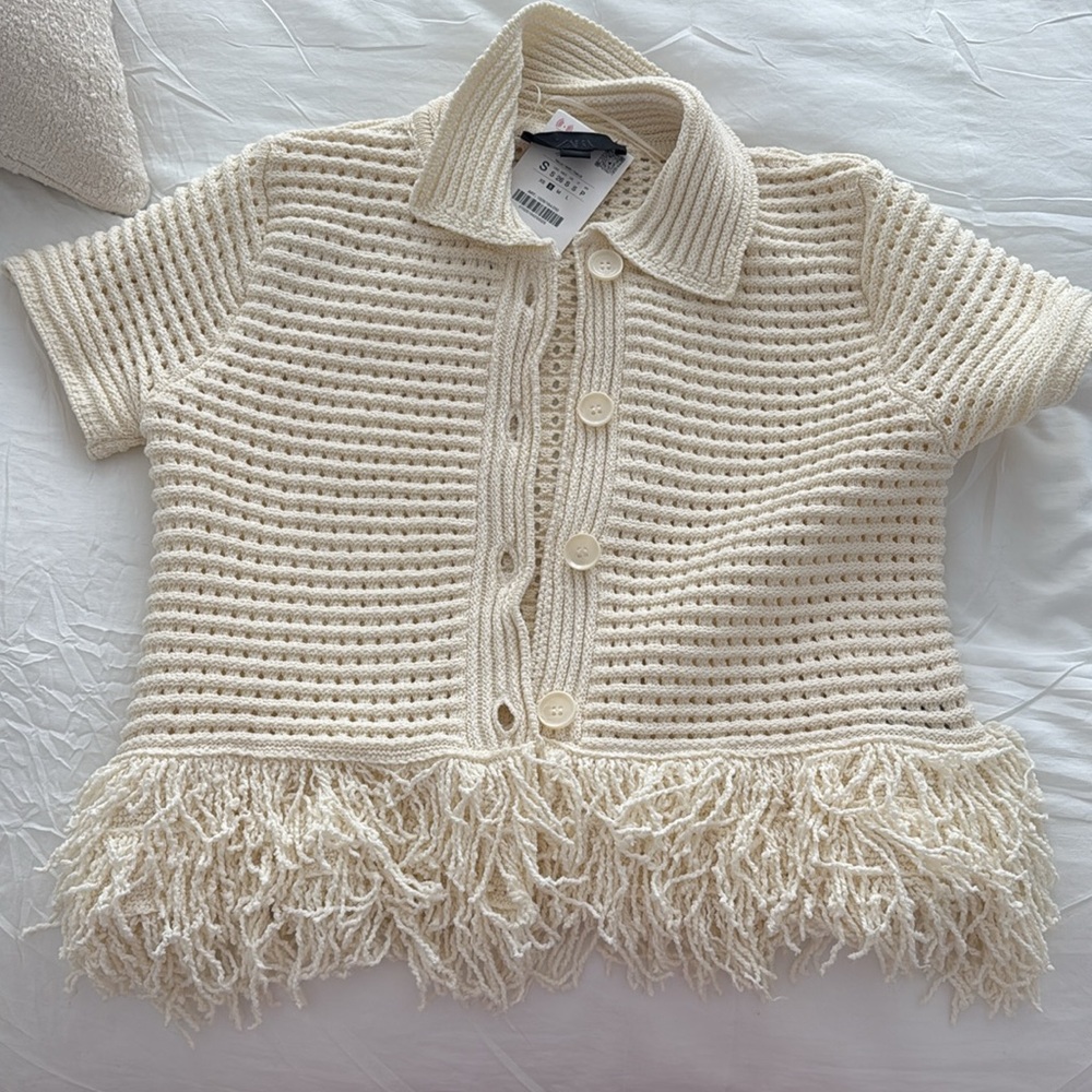 Zara Cream Knit Fringe Short Sleeve Top - Picture 2 of 2